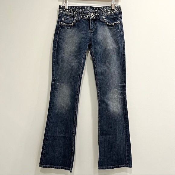 26x30 Miss Me Women's Low Rise Boot Cut Jeans - Dark Blue with Silver Accents - Picture 4 of 13